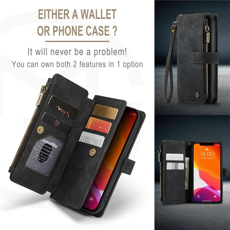 CASEME C30 Series pour iPhone 12 / 12 Pro 6.1 pouces Étui portefeuille à fermeture éclair résistant aux chocs Housse en cuir PU avec support Plusieurs fentes pour cartes - Noir