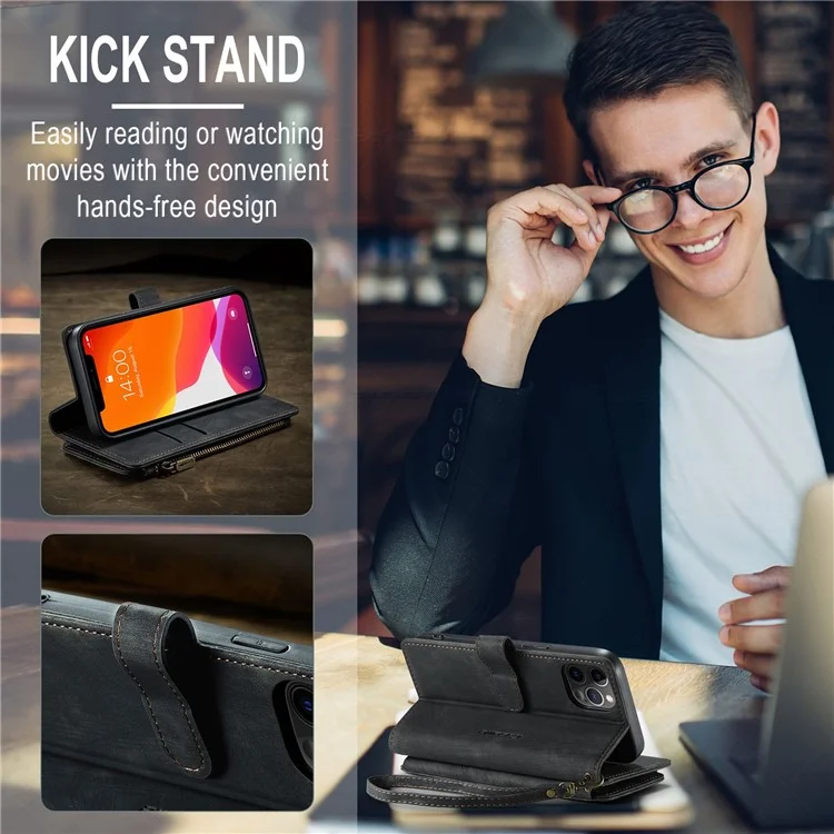 CASEME C30 Series pour iPhone 12 / 12 Pro 6.1 pouces Étui portefeuille à fermeture éclair résistant aux chocs Housse en cuir PU avec support Plusieurs fentes pour cartes - Noir