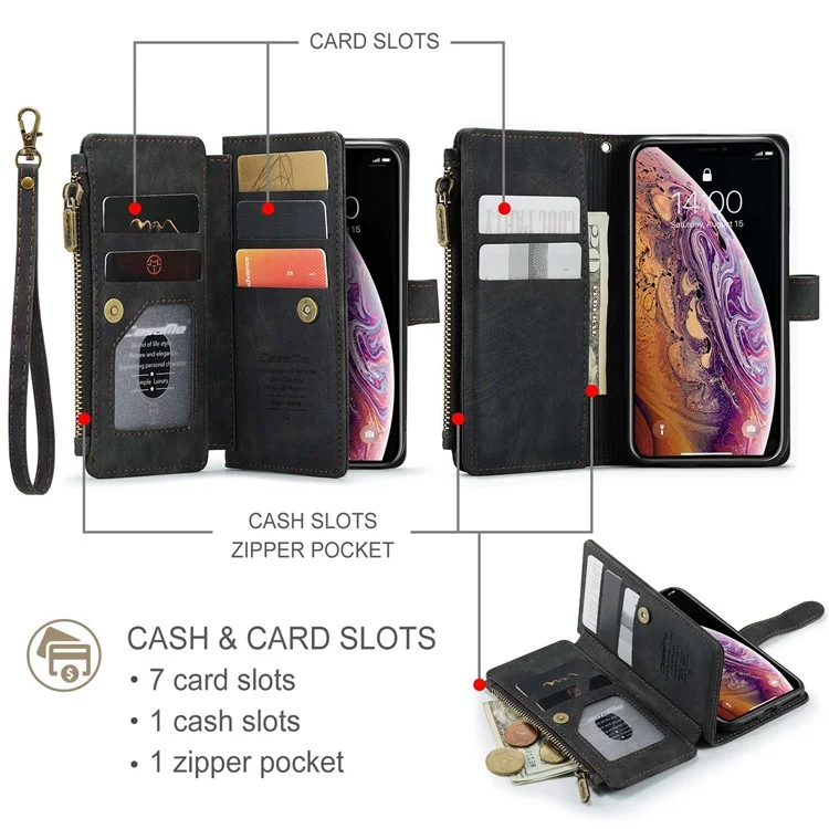 CASEME C30 Series pour iPhone 12 / 12 Pro 6.1 pouces Étui portefeuille à fermeture éclair résistant aux chocs Housse en cuir PU avec support Plusieurs fentes pour cartes - Noir