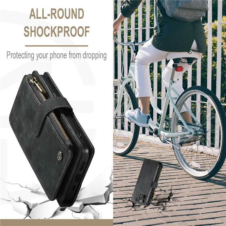 CASEME C30 Series pour iPhone 12 / 12 Pro 6.1 pouces Étui portefeuille à fermeture éclair résistant aux chocs Housse en cuir PU avec support Plusieurs fentes pour cartes - Noir