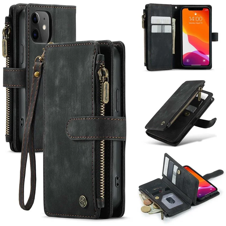 CASEME C30 Série pour iPhone 12 mini Étui de portefeuille multifonctionnel avec fermeture éclair Pochette de protection antichute en cuir PU avec support Porte-cartes - Noir