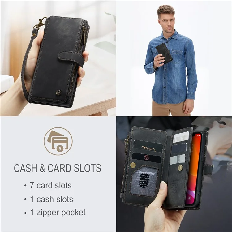 CASEME C30 Série pour iPhone 12 mini Étui de portefeuille multifonctionnel avec fermeture éclair Pochette de protection antichute en cuir PU avec support Porte-cartes - Noir