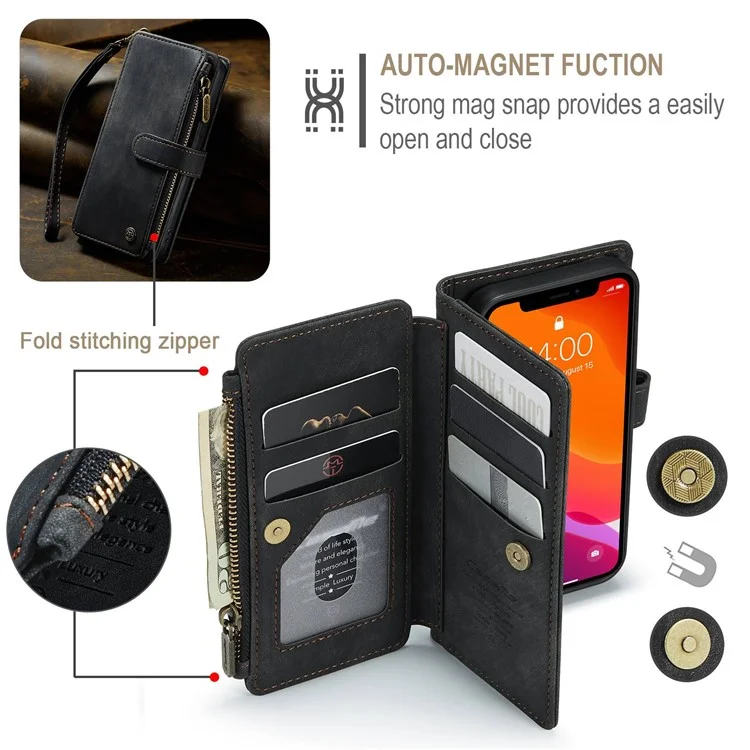 CASEME C30 Série pour iPhone 12 mini Étui de portefeuille multifonctionnel avec fermeture éclair Pochette de protection antichute en cuir PU avec support Porte-cartes - Noir