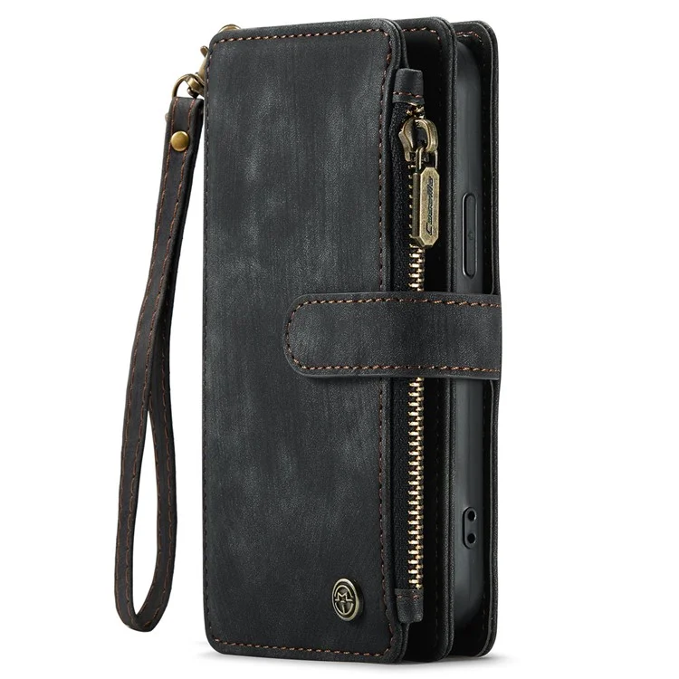 CASEME C30 Série pour iPhone 12 mini Étui de portefeuille multifonctionnel avec fermeture éclair Pochette de protection antichute en cuir PU avec support Porte-cartes - Noir