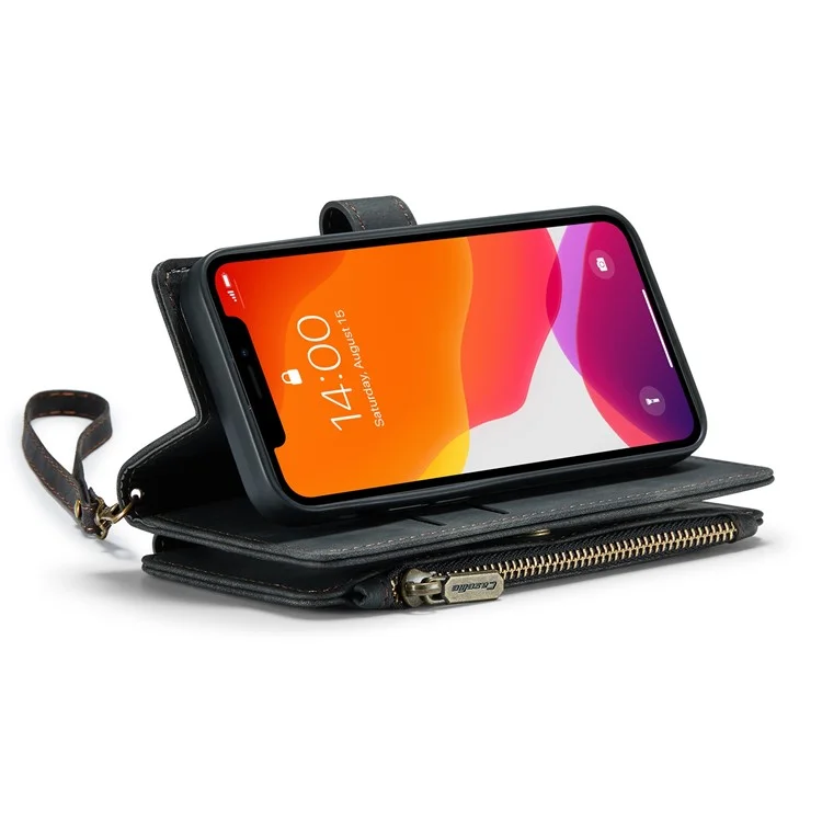 CASEME C30 Série pour iPhone 12 mini Étui de portefeuille multifonctionnel avec fermeture éclair Pochette de protection antichute en cuir PU avec support Porte-cartes - Noir