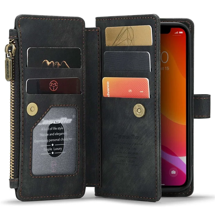CASEME C30 Série pour iPhone 12 mini Étui de portefeuille multifonctionnel avec fermeture éclair Pochette de protection antichute en cuir PU avec support Porte-cartes - Noir