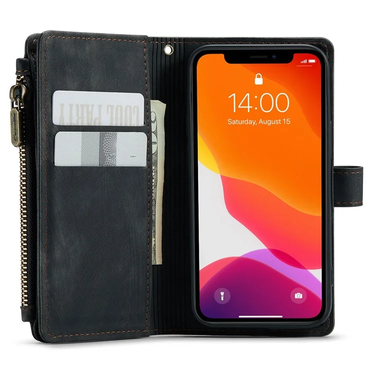 CASEME C30 Série pour iPhone 12 mini Étui de portefeuille multifonctionnel avec fermeture éclair Pochette de protection antichute en cuir PU avec support Porte-cartes - Noir