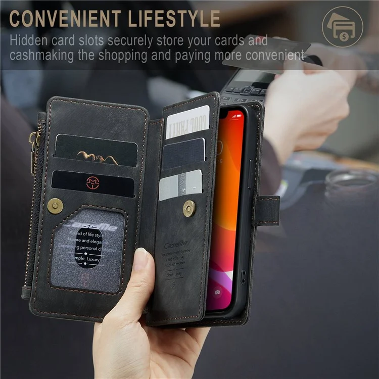 CASEME C30 Série pour iPhone 12 mini Étui de portefeuille multifonctionnel avec fermeture éclair Pochette de protection antichute en cuir PU avec support Porte-cartes - Noir
