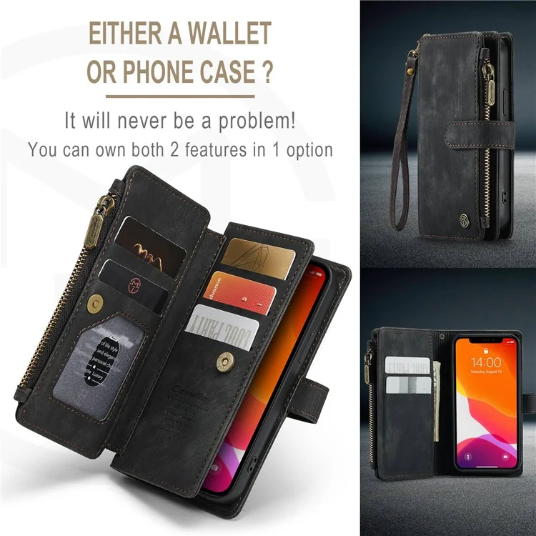 CASEME C30 Série pour iPhone 12 mini Étui de portefeuille multifonctionnel avec fermeture éclair Pochette de protection antichute en cuir PU avec support Porte-cartes - Noir