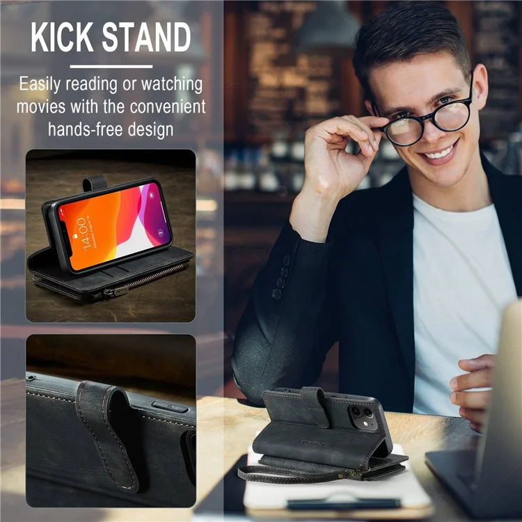 CASEME C30 Série pour iPhone 12 mini Étui de portefeuille multifonctionnel avec fermeture éclair Pochette de protection antichute en cuir PU avec support Porte-cartes - Noir
