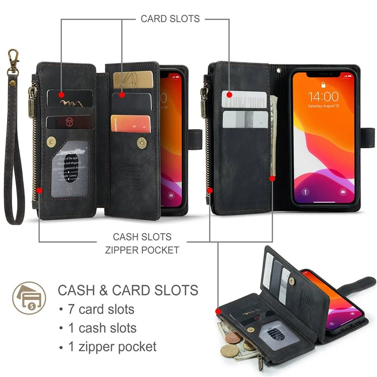 CASEME C30 Série pour iPhone 12 mini Étui de portefeuille multifonctionnel avec fermeture éclair Pochette de protection antichute en cuir PU avec support Porte-cartes - Noir