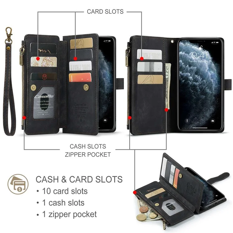 For iPhone 11 Pro Max Phone Cases with Strap CASEME C30 Zipper Multiple Card Holder PU Leather Cover - Black