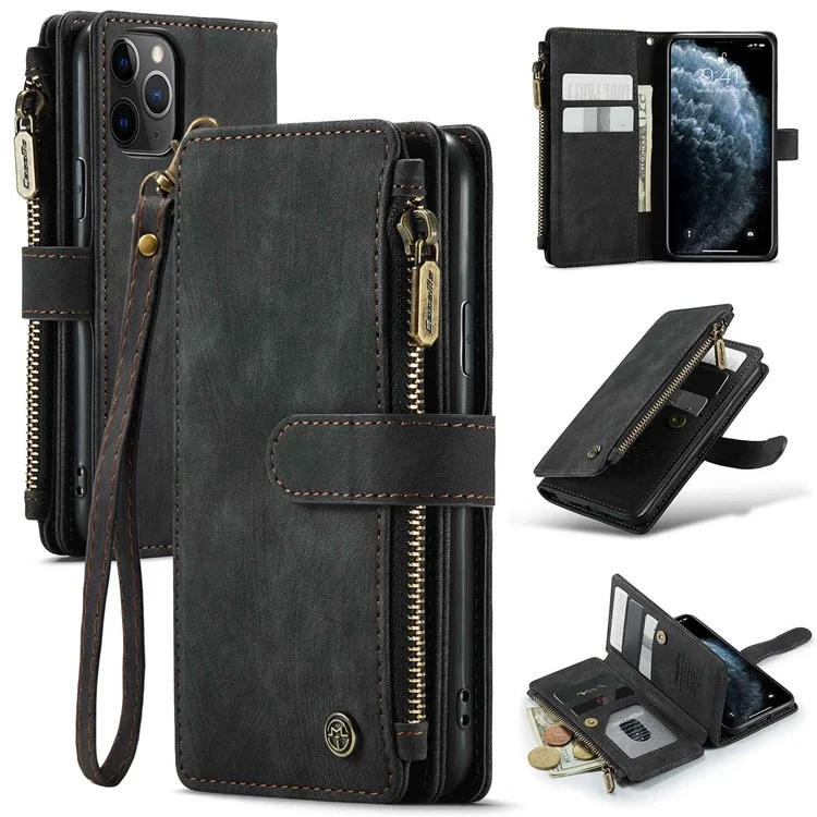 For iPhone 11 Pro Phone Cases with Strap CASEME C30 Zipper Multiple Card Holder PU Leather Cover - Black