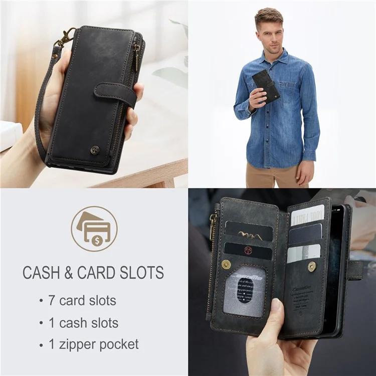 For iPhone 11 Pro Phone Cases with Strap CASEME C30 Zipper Multiple Card Holder PU Leather Cover - Black