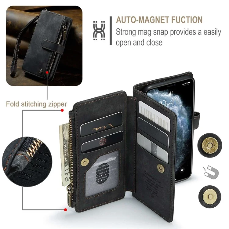 For iPhone 11 Pro Phone Cases with Strap CASEME C30 Zipper Multiple Card Holder PU Leather Cover - Black