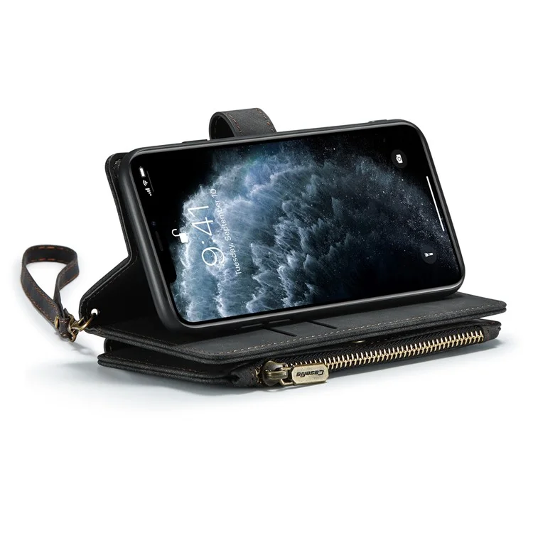 For iPhone 11 Pro Phone Cases with Strap CASEME C30 Zipper Multiple Card Holder PU Leather Cover - Black