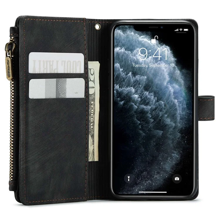 For iPhone 11 Pro Phone Cases with Strap CASEME C30 Zipper Multiple Card Holder PU Leather Cover - Black