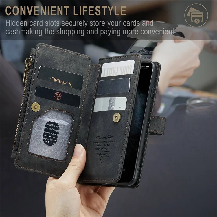 For iPhone 11 Pro Phone Cases with Strap CASEME C30 Zipper Multiple Card Holder PU Leather Cover - Black