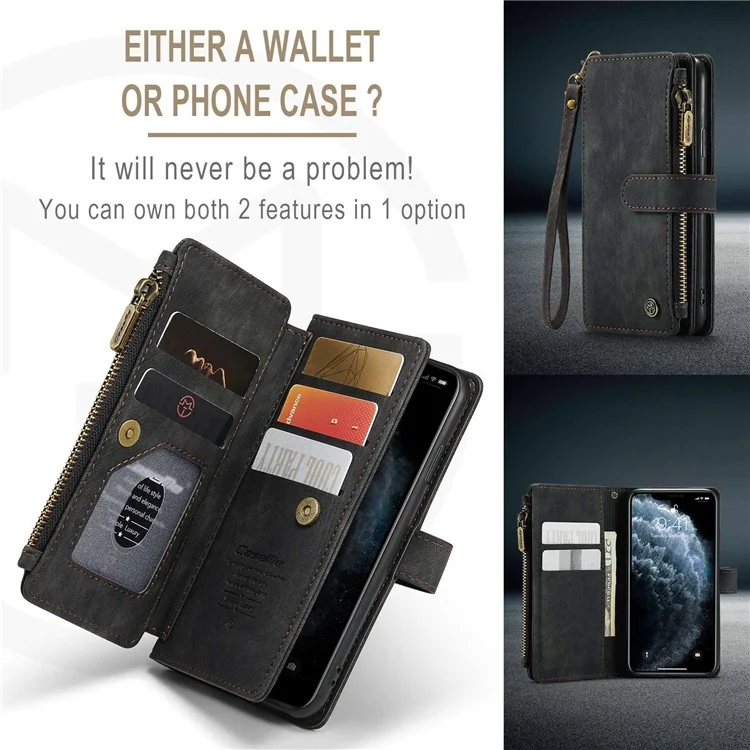 For iPhone 11 Pro Phone Cases with Strap CASEME C30 Zipper Multiple Card Holder PU Leather Cover - Black