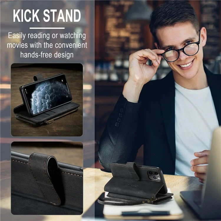 For iPhone 11 Pro Phone Cases with Strap CASEME C30 Zipper Multiple Card Holder PU Leather Cover - Black