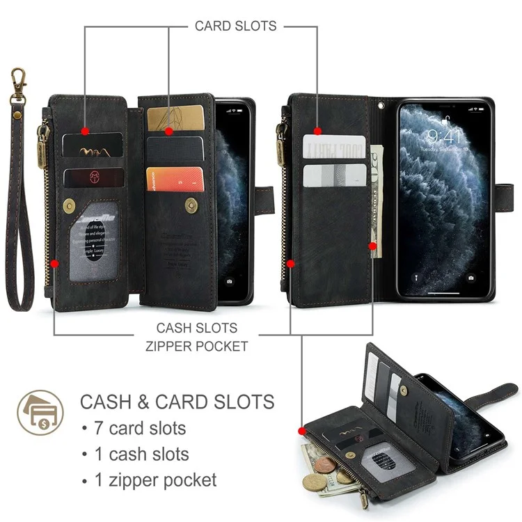 For iPhone 11 Pro Phone Cases with Strap CASEME C30 Zipper Multiple Card Holder PU Leather Cover - Black