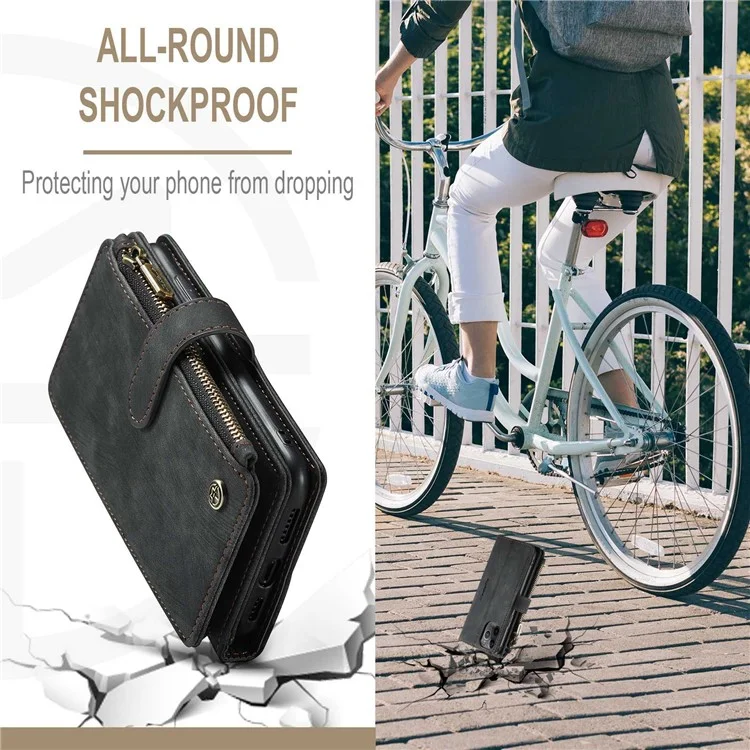 For iPhone 11 Pro Phone Cases with Strap CASEME C30 Zipper Multiple Card Holder PU Leather Cover - Black