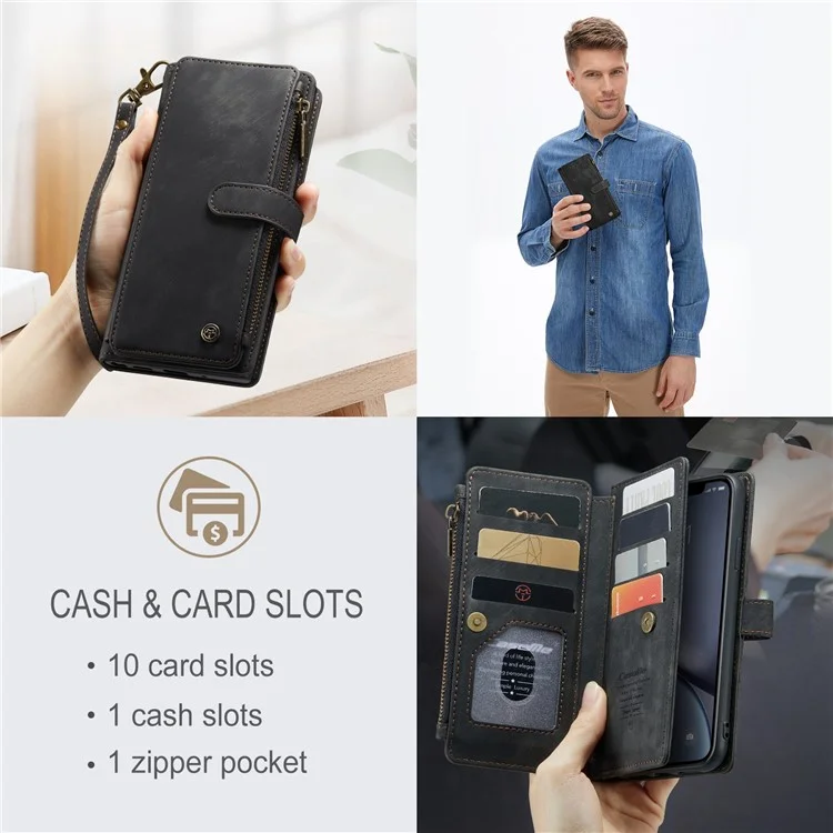 CASEME C30 Series para iPhone XR 6.1 pulgadas, Funda Cartera para Teléfono con Bolsillo con Cierre de Cremallera, Absorción de Impactos, Soporte y Correa de Mano, Funda Protectora con Ranuras para Tarjetas - Negro