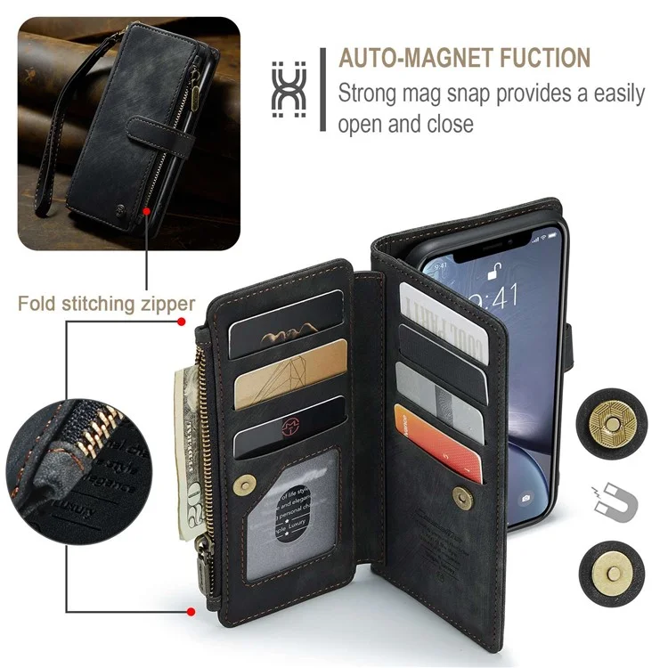 CASEME C30 Series para iPhone XR 6.1 pulgadas, Funda Cartera para Teléfono con Bolsillo con Cierre de Cremallera, Absorción de Impactos, Soporte y Correa de Mano, Funda Protectora con Ranuras para Tarjetas - Negro
