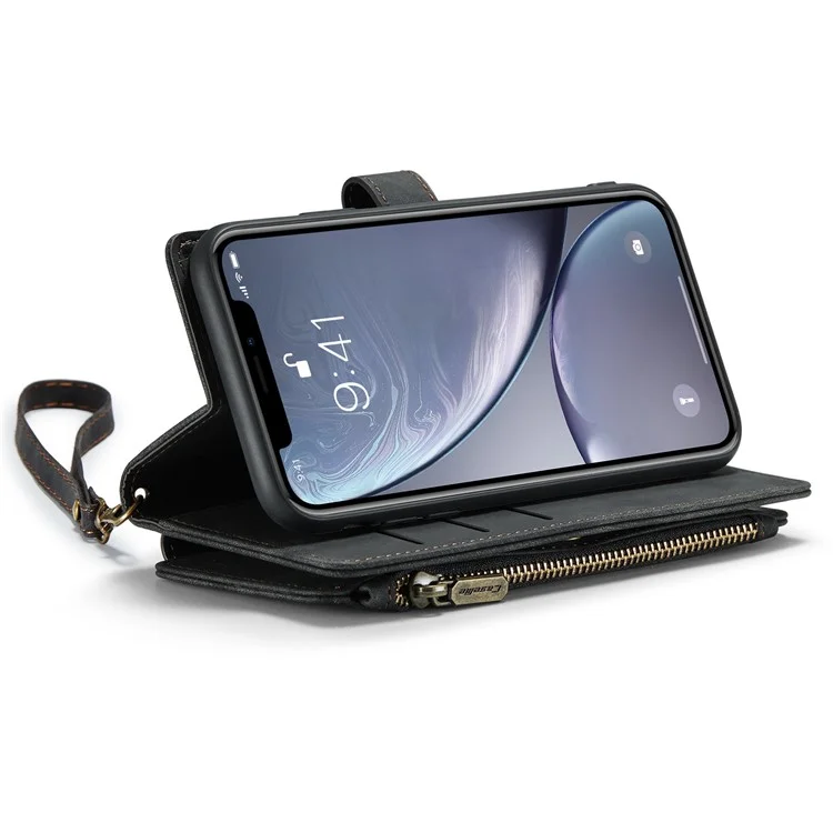 CASEME C30 Series para iPhone XR 6.1 pulgadas, Funda Cartera para Teléfono con Bolsillo con Cierre de Cremallera, Absorción de Impactos, Soporte y Correa de Mano, Funda Protectora con Ranuras para Tarjetas - Negro