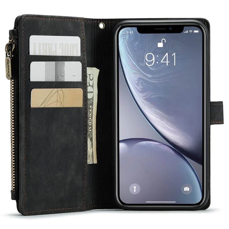 CASEME C30 Series para iPhone XR 6.1 pulgadas, Funda Cartera para Teléfono con Bolsillo con Cierre de Cremallera, Absorción de Impactos, Soporte y Correa de Mano, Funda Protectora con Ranuras para Tarjetas - Negro