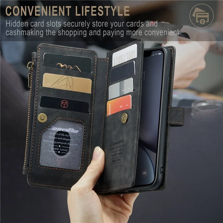 CASEME C30 Series para iPhone XR 6.1 pulgadas, Funda Cartera para Teléfono con Bolsillo con Cierre de Cremallera, Absorción de Impactos, Soporte y Correa de Mano, Funda Protectora con Ranuras para Tarjetas - Negro