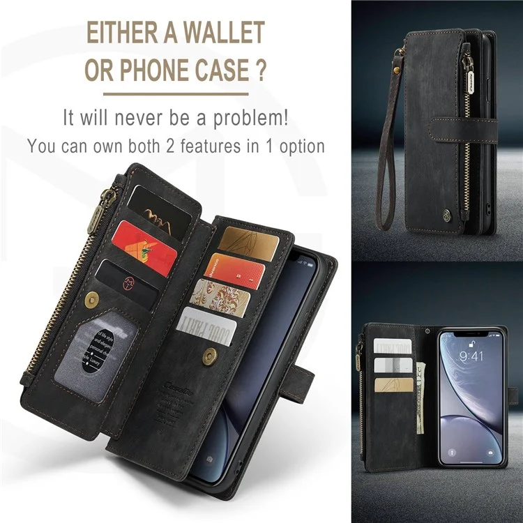 CASEME C30 Series para iPhone XR 6.1 pulgadas, Funda Cartera para Teléfono con Bolsillo con Cierre de Cremallera, Absorción de Impactos, Soporte y Correa de Mano, Funda Protectora con Ranuras para Tarjetas - Negro