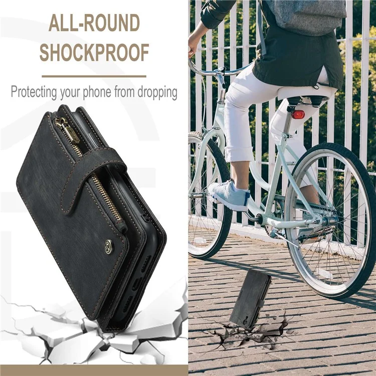CASEME C30 Series para iPhone XR 6.1 pulgadas, Funda Cartera para Teléfono con Bolsillo con Cierre de Cremallera, Absorción de Impactos, Soporte y Correa de Mano, Funda Protectora con Ranuras para Tarjetas - Negro