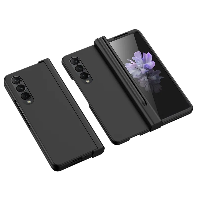 For Samsung Galaxy Z Fold4 5G Pen Slot Side Hinge Folding Phone Case Rubberized Hard PC Cover with Tempered Glass Screen Protector - Black