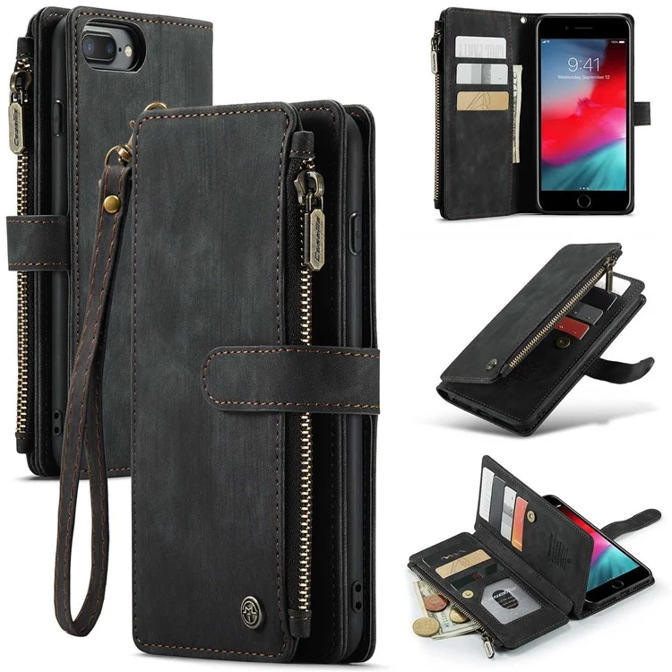 Série Caseme C30 Para Iphone 6 Plus / 6s Plus / 7 Plus / 8 Plus 5,5 Polegadas Multifuncionais de Couro PU Phone de Capa Com Zíper Carteira de Bolso de Vários Slots de Cartão - Preto