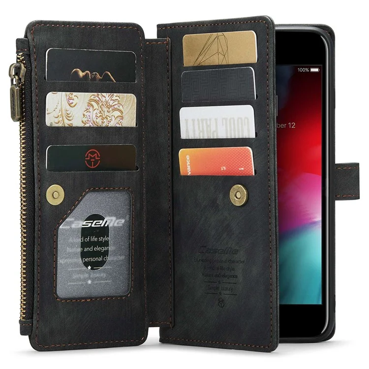 CASEME C30 Series for iPhone 6 Plus / 6s Plus / 7 Plus / 8 Plus 5.5 inch Multifunctional PU Leather Stand Phone Case Zipper Pocket Wallet Multiple Card Slots Cover - Black