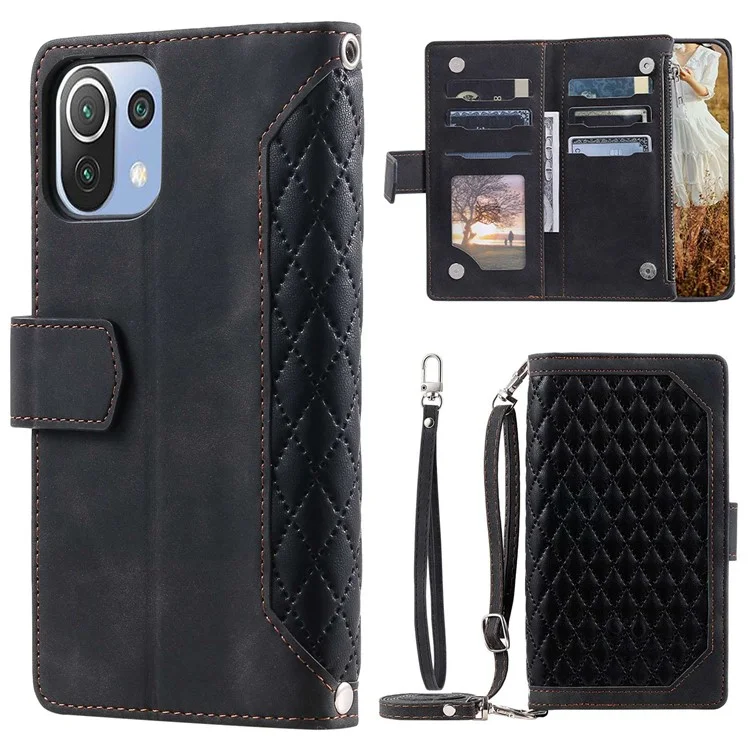 Para Xiaomi 11 Lite 5g ne / Mi 11 Lite 4g / Case de Teléfono 5g, 005 Estilo Magnético de Doble Lado Caja de Cuero de Cuero Rombo Textura Cubierta de Bolsillo Con Cremallera Con Correa - Negro