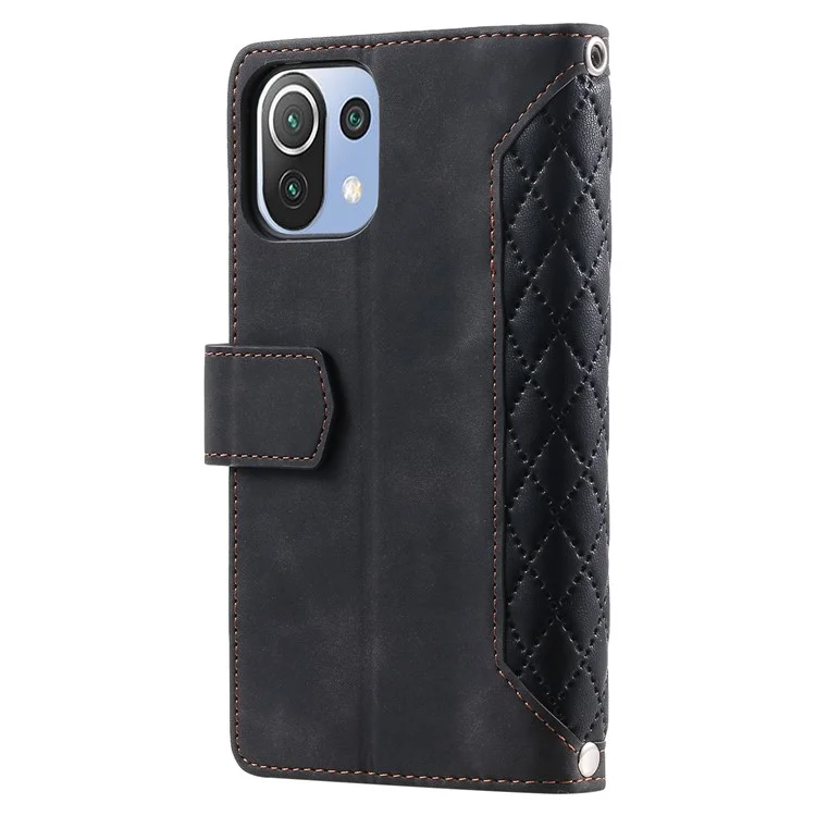 Para Xiaomi 11 Lite 5g ne / Mi 11 Lite 4g / Case de Teléfono 5g, 005 Estilo Magnético de Doble Lado Caja de Cuero de Cuero Rombo Textura Cubierta de Bolsillo Con Cremallera Con Correa - Negro