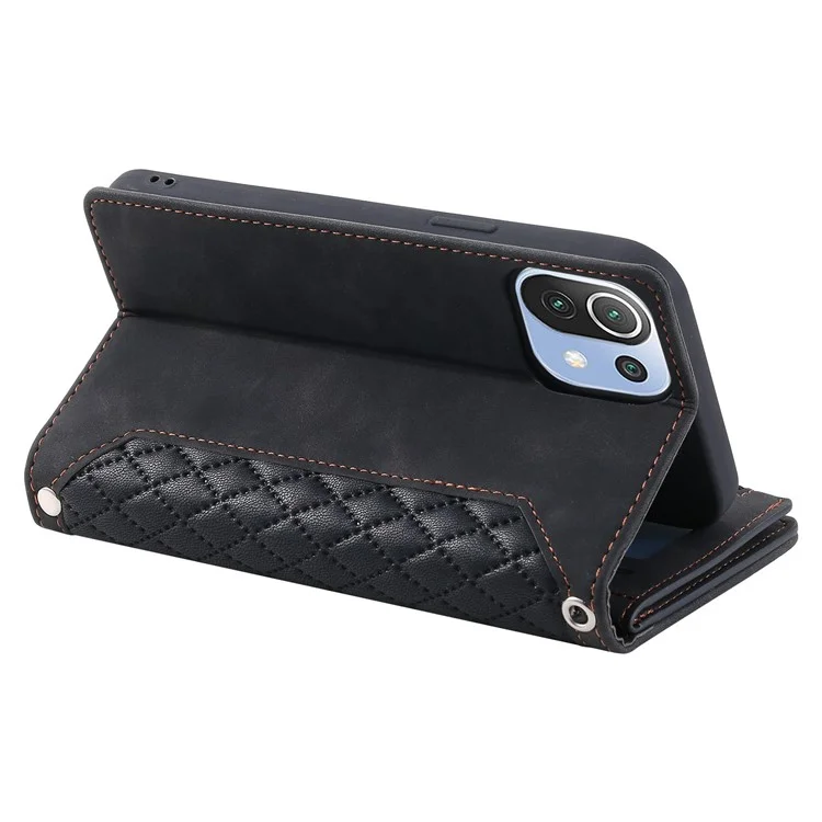Para Xiaomi 11 Lite 5g ne / Mi 11 Lite 4g / Case de Teléfono 5g, 005 Estilo Magnético de Doble Lado Caja de Cuero de Cuero Rombo Textura Cubierta de Bolsillo Con Cremallera Con Correa - Negro