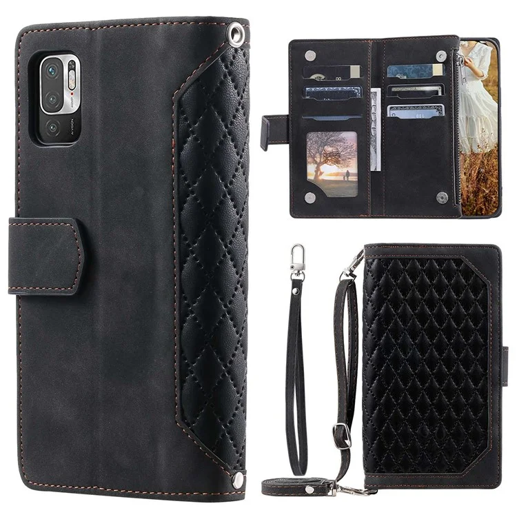 Per Xiaomi Redmi Nota 10 5g/nota 10T 5G/Poco M3 Pro 4G/5G Custodia Per Telefono, 005 Wallet in Stile Magnetico Telefono Magnetico Custodia in Pelle Rhombus Stema Tasca Con Cerniera Coperchio Anti-scratch Con Cinturino - Nero