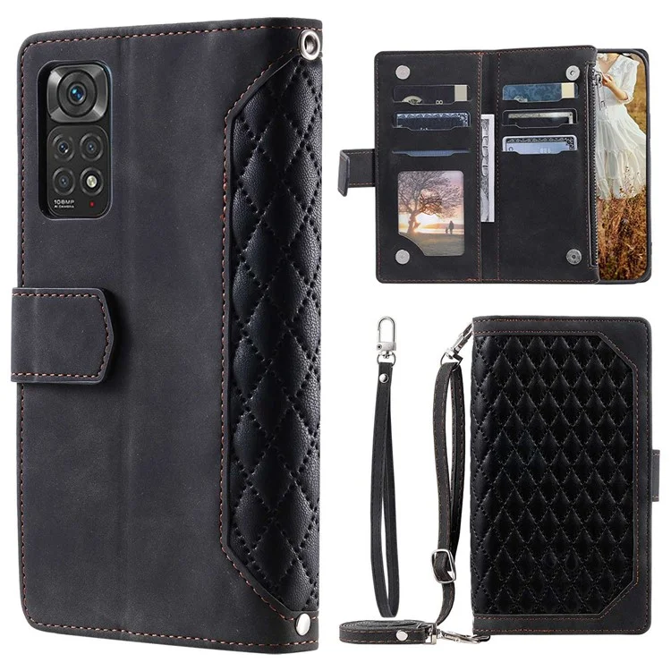 Para Xiaomi Redmi Note 11 Pro 4G (MediaTek) / Nota 11 Pro 5G (Qualcomm) Case de Teléfono Protectora, 005 Standing Rombus Texture Stand Willet Shell Con Bolsillo de Cremallera - Negro