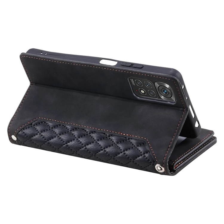 Para Xiaomi Redmi Note 11 Pro 4G (MediaTek) / Nota 11 Pro 5G (Qualcomm) Case de Teléfono Protectora, 005 Standing Rombus Texture Stand Willet Shell Con Bolsillo de Cremallera - Negro