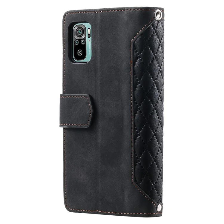 005 Style Téléphone Case Pour Xiaomi Redmi Note 10 4G / Remarque 10s, Portefeuille de Support de Texture de Texture de Texture de Texture Rhombus de Texture en Cuir Anti-drop à Usure Avec Poche à Fermeture Éclair - le Noir