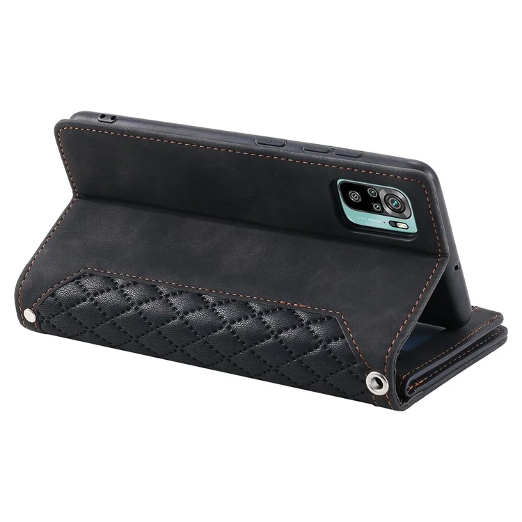 005 Style Téléphone Case Pour Xiaomi Redmi Note 10 4G / Remarque 10s, Portefeuille de Support de Texture de Texture de Texture de Texture Rhombus de Texture en Cuir Anti-drop à Usure Avec Poche à Fermeture Éclair - le Noir