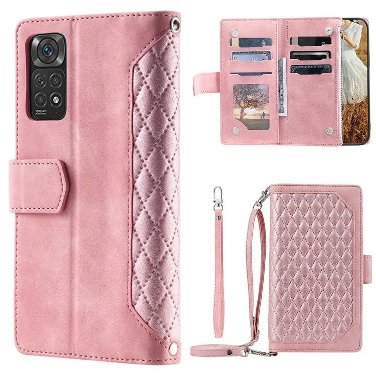 005 Style Phone Case for Xiaomi Redmi Note 11S 4G / Note 11 4G (Qualcomm), Leather Rhombus Texture Full Body Protection Stand Wallet Feature Cover with Zipper Pocket - Pink