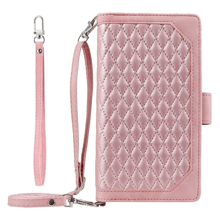 005 Style Phone Case for Xiaomi Redmi Note 11S 4G / Note 11 4G (Qualcomm), Leather Rhombus Texture Full Body Protection Stand Wallet Feature Cover with Zipper Pocket - Pink