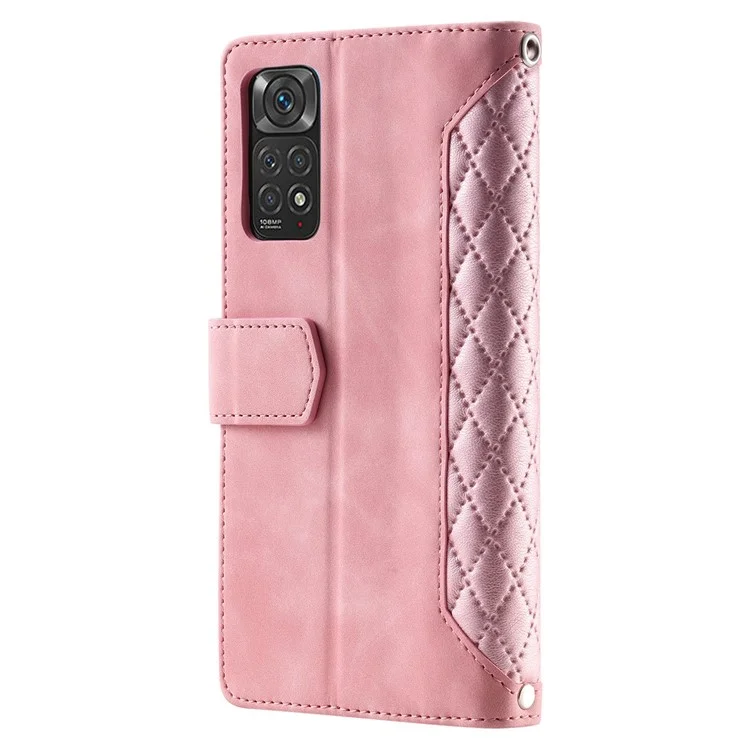 005 Style Phone Case for Xiaomi Redmi Note 11S 4G / Note 11 4G (Qualcomm), Leather Rhombus Texture Full Body Protection Stand Wallet Feature Cover with Zipper Pocket - Pink