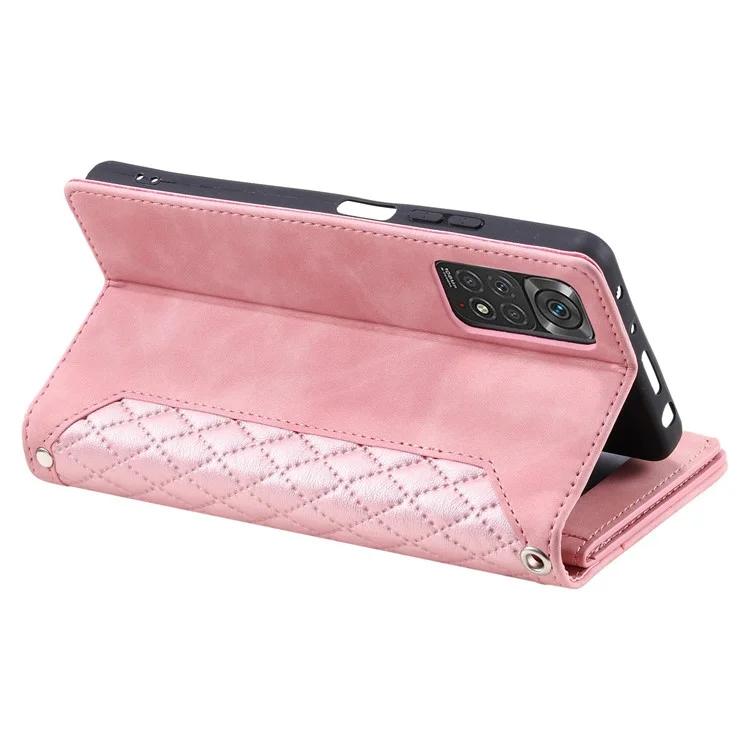 005 Style Phone Case for Xiaomi Redmi Note 11S 4G / Note 11 4G (Qualcomm), Leather Rhombus Texture Full Body Protection Stand Wallet Feature Cover with Zipper Pocket - Pink