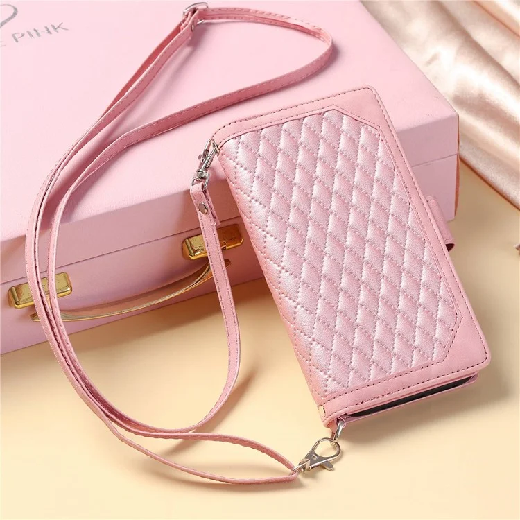 005 Style Phone Case for Xiaomi Redmi Note 11S 4G / Note 11 4G (Qualcomm), Leather Rhombus Texture Full Body Protection Stand Wallet Feature Cover with Zipper Pocket - Pink
