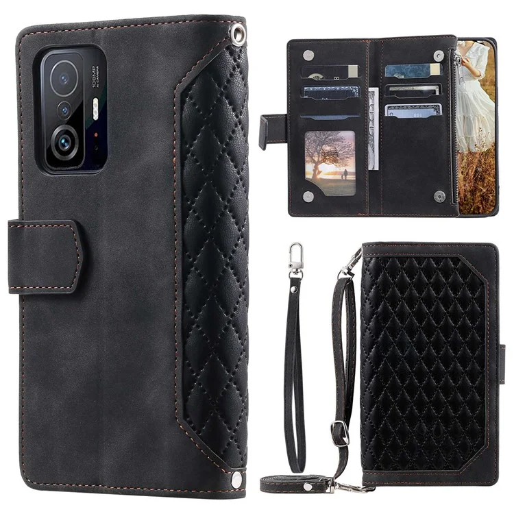 Für Xiaomi 11t 5G / 11t Pro 5G Magnetic Phone Case, 005 Leder-rhombus-textur Gut Geschützter Stand Wallet Reißverschluss Pocket Folio Flip Shell Mit Riemen - Schwarz